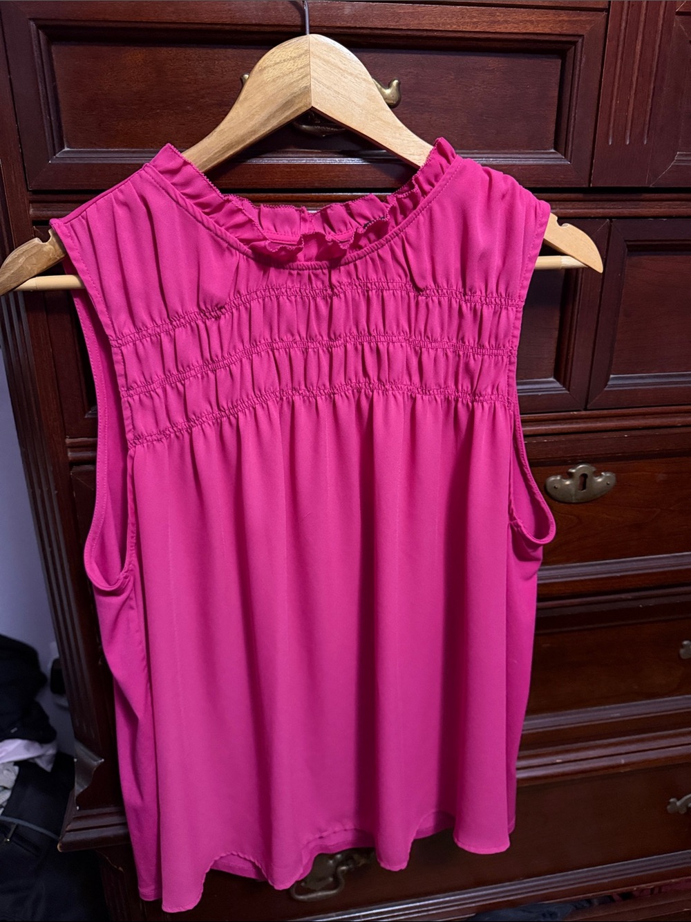 Ann Taylor Sleeveless Smocked Ruffle Neck Top - Fuchsia Pink